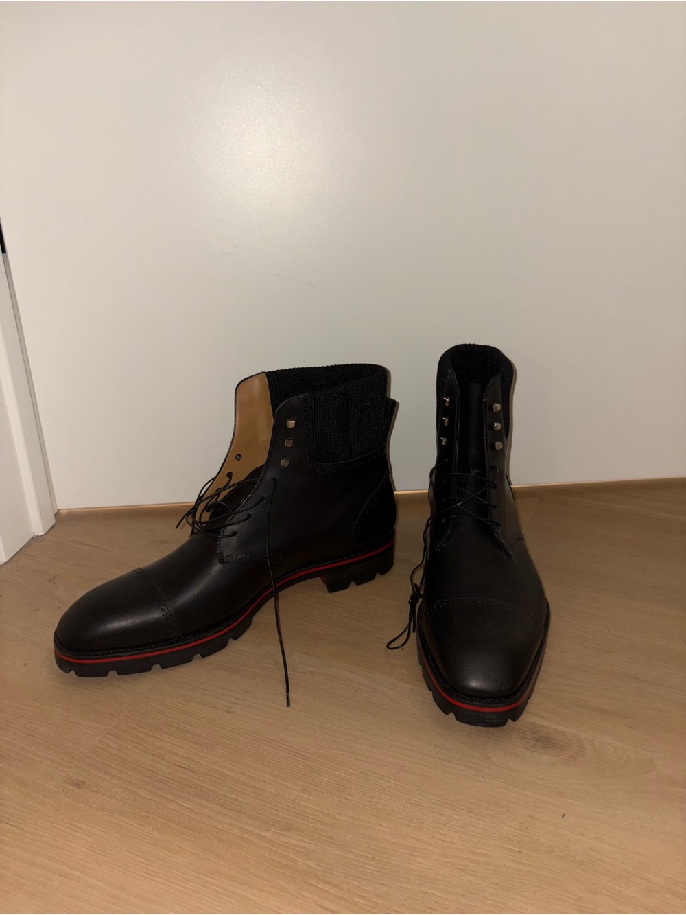 Christian Louboutin Black Leather Lace-Up Ankle Boots with Red Trim